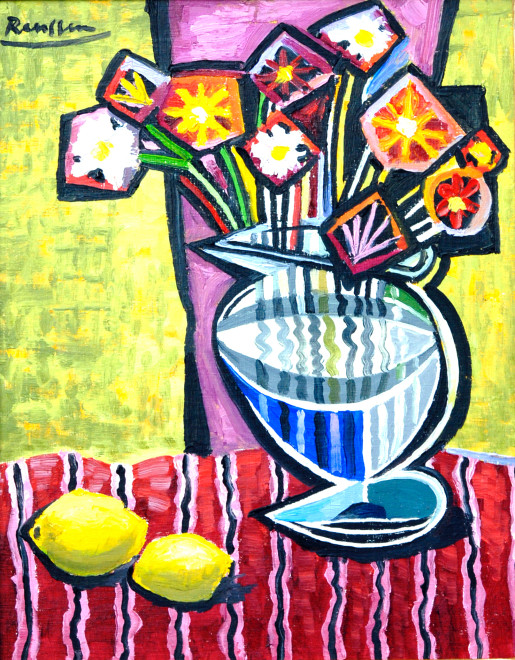 Flowers in a vase on a red tablecloth
