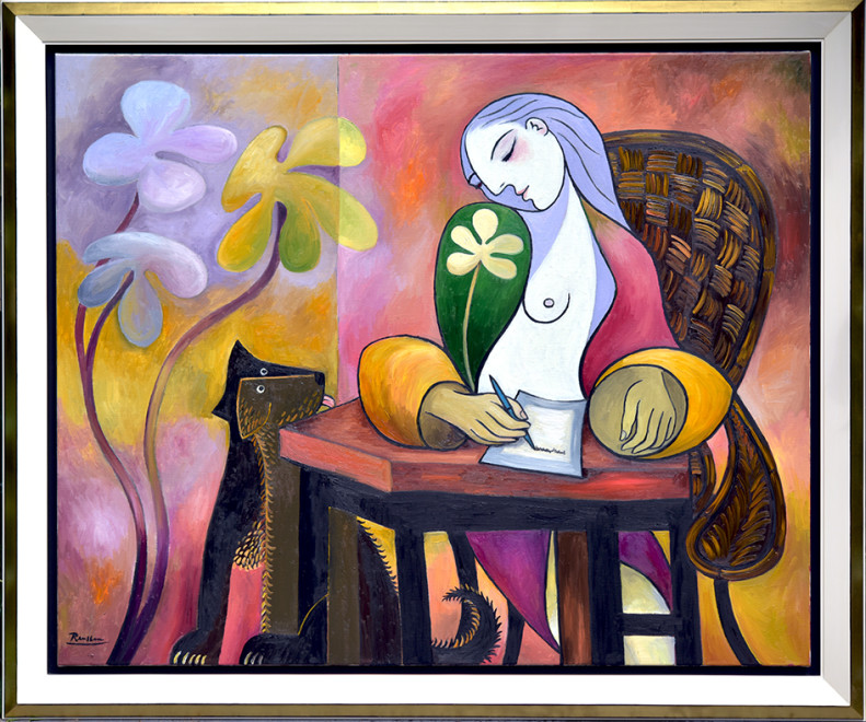 Writing woman with dog