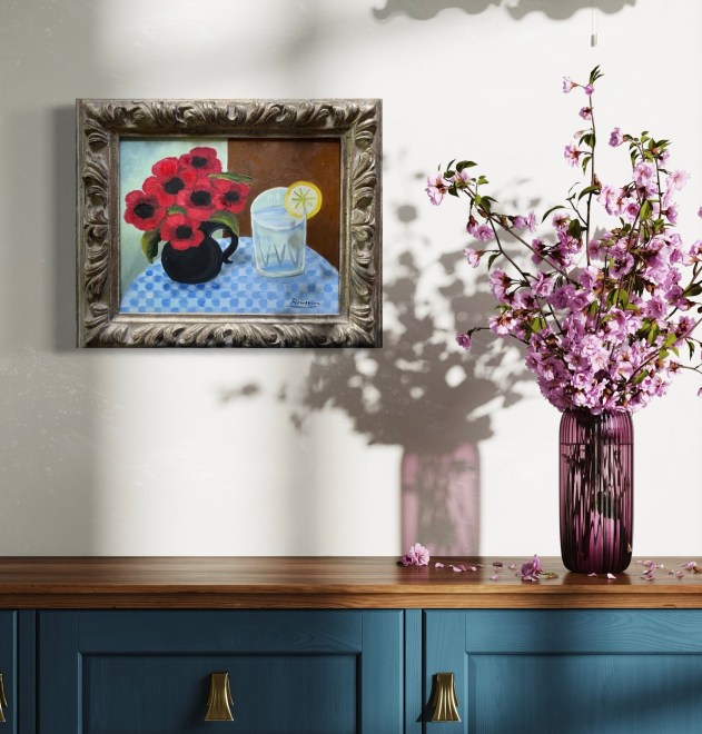 Size XXS | Poppies and glass on a table