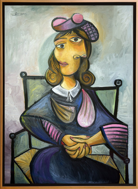 Seated woman in a pink baret