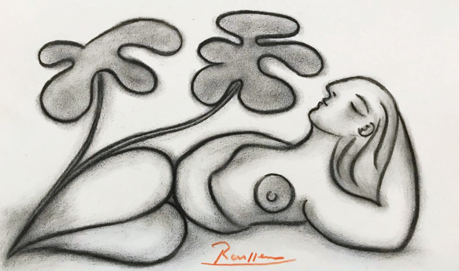 Reclining nude with leaves