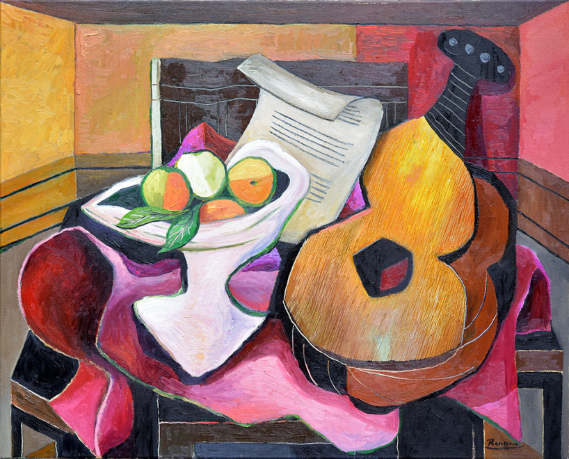 Fruitbowl and guitar on a table