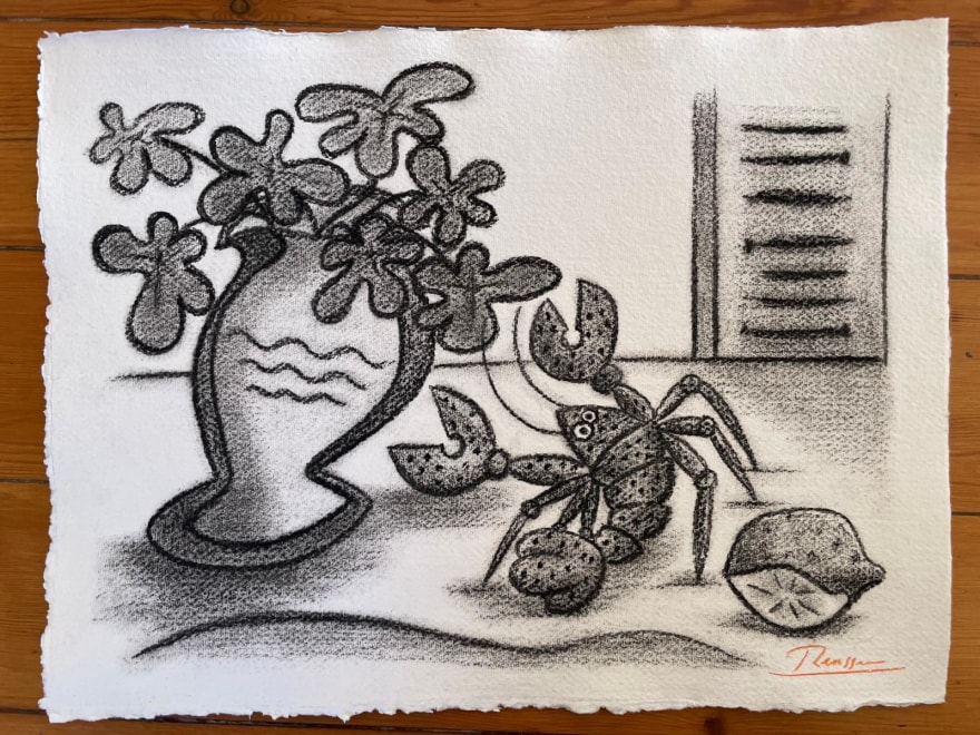 Size S | Vase with leaves, lobster and lemon in front of window 