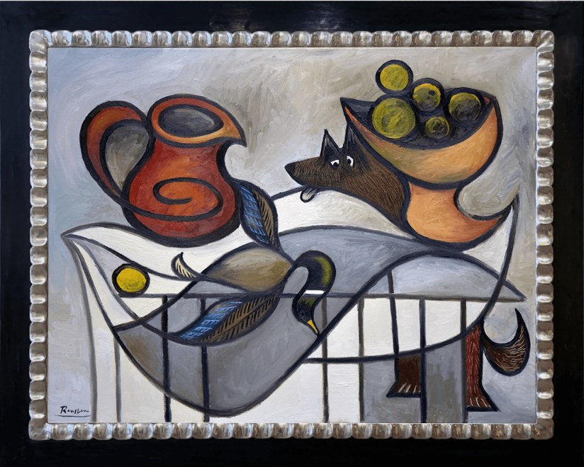 Pitcher, duck, dog and fruitbowl