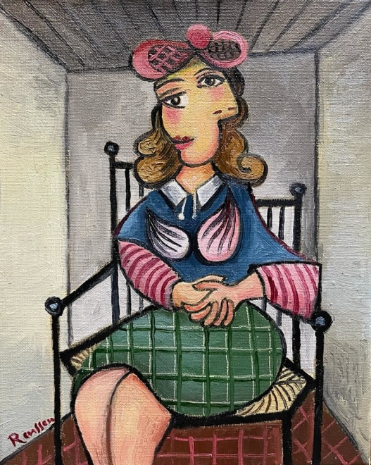Seated woman in a green skirt