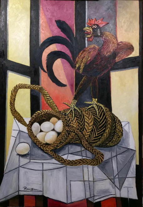 Rooster on a basket with eggs