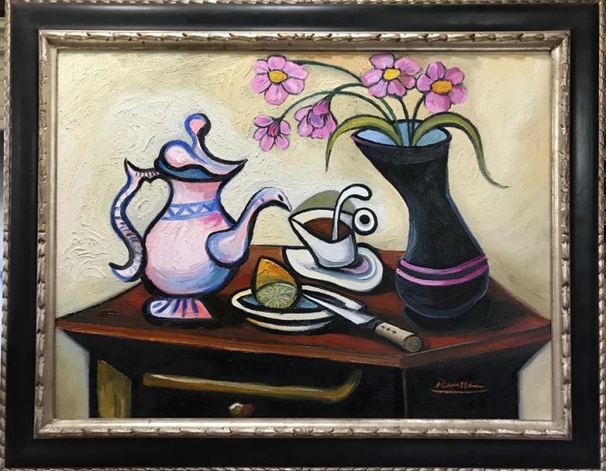 Coffee pot, lemon and vase with flowers