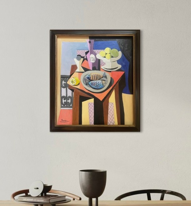 Still life with fish, bottle, glass and fruitbowl 