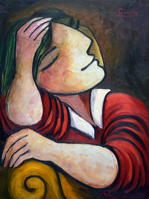 Woman leaning over a sofa