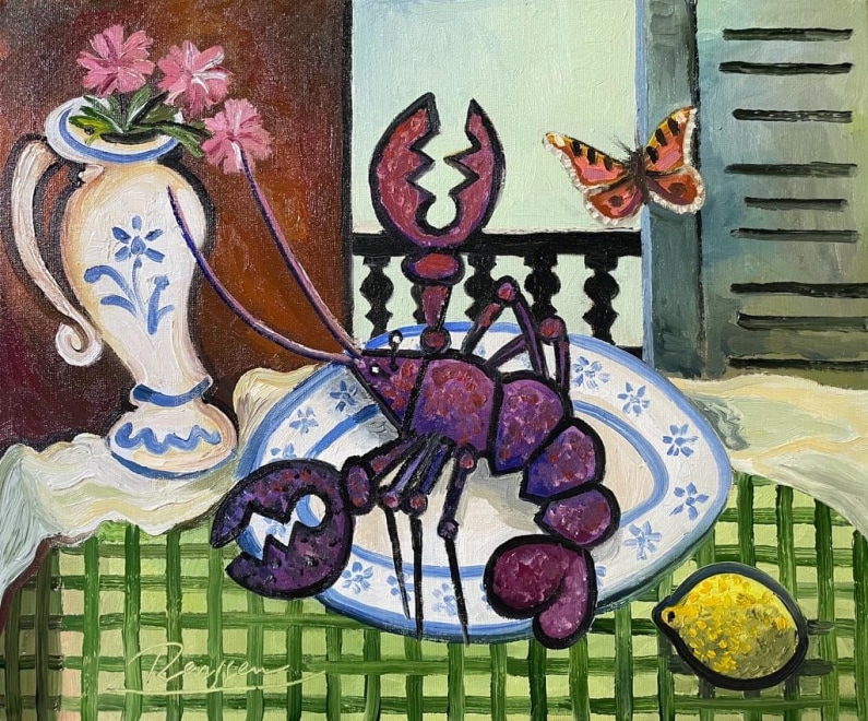 Lobster, lemon and a vase of flowers on a table