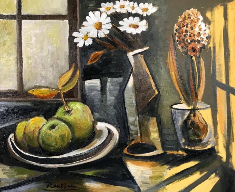 Apples and flowers in front of a window