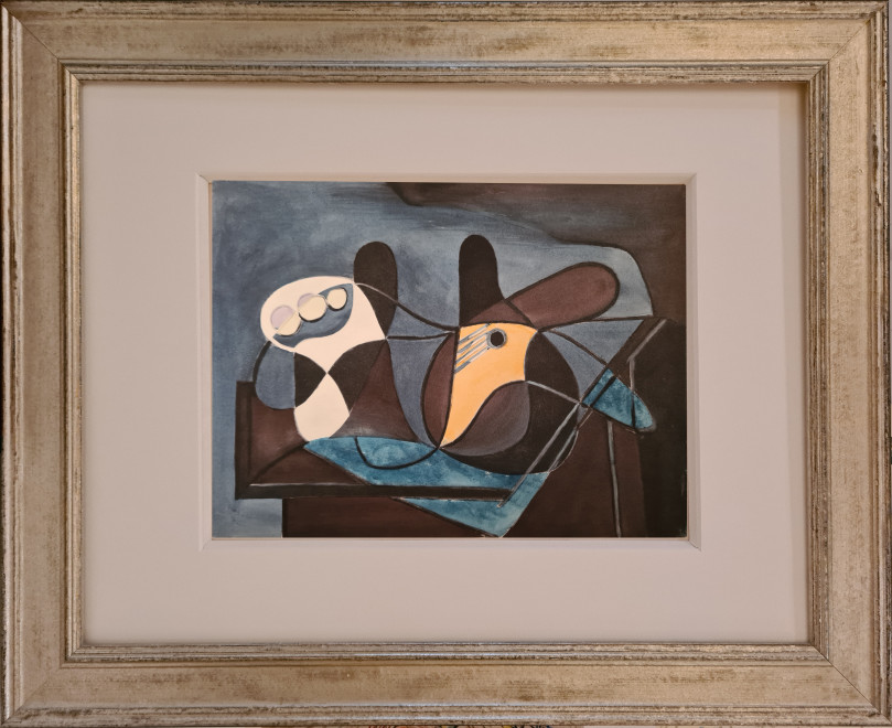 After Picasso's Fruit and guitar in front of grey background, 1946