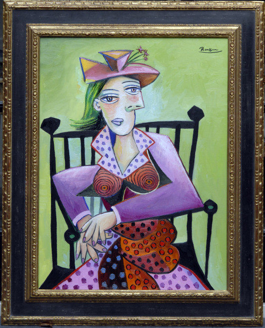 Seated Woman in polka dot dress