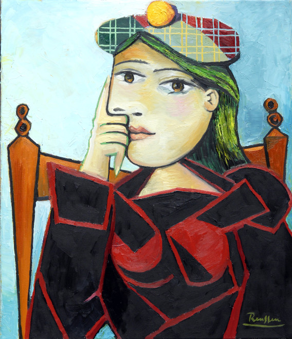 Erik Renssen, Seated woman in a green and red baret, 2017