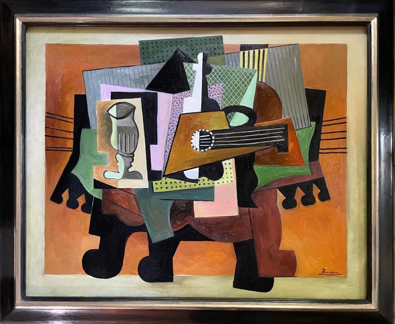 Still life with glass, bottle and guitar