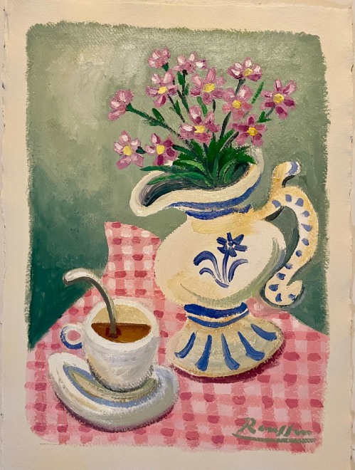 Size M | Pitcher with flowers and a cup of coffee