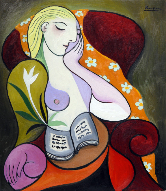 Seated woman with orange scarf