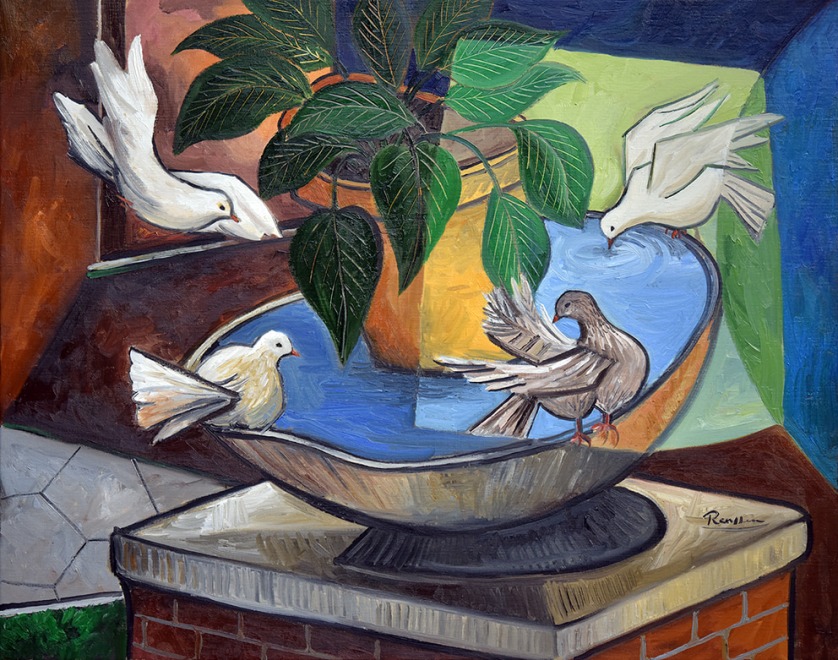 Doves near a waterbowl
