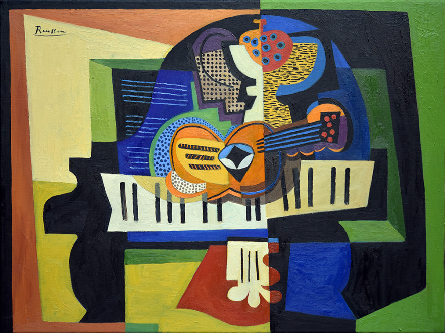 Guitar and fruitbowl on a grand piano