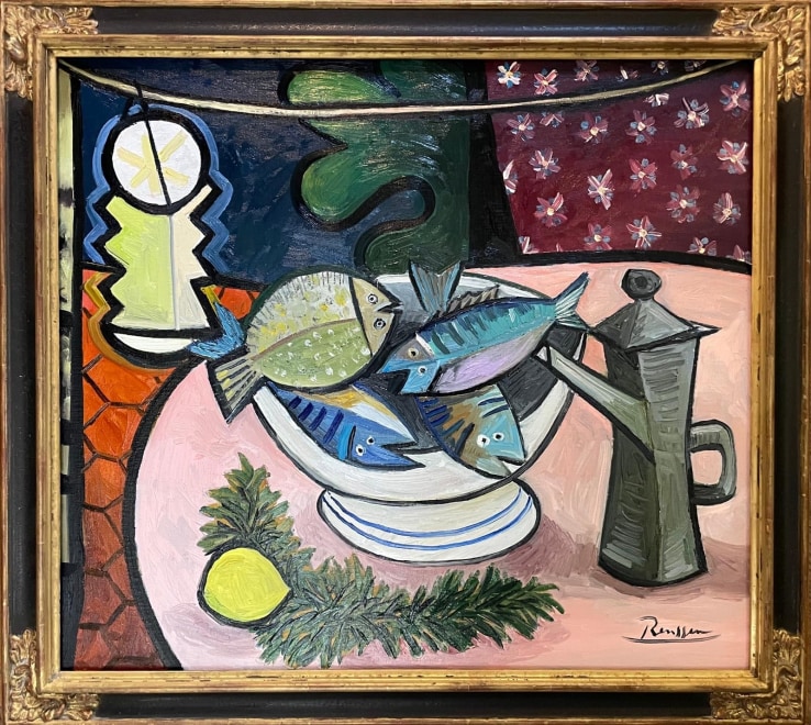 Size M | Still life with shell, fish, lemon and lantern