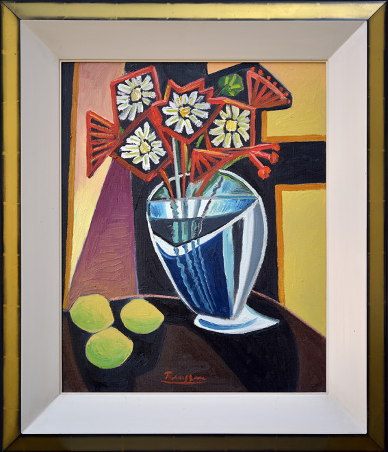 Flowers in a vase and three lemons