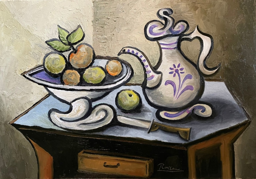 Size M | Fruitbowl and teapot on a table