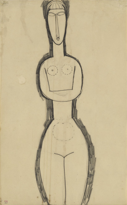 <span class="artist"><strong>Amedeo Modigliani</strong></span>, <span class="title"><em>Study for Standing Nude Sculpture</em>, c.1911</span>