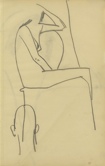 <span class="artist"><strong>Amedeo Modigliani</strong></span>, <span class="title"><em>Study of Female Nude in Right Profile Seated on a Chair, Study of Head over Left Leg of Chair</em>, c.1909</span>