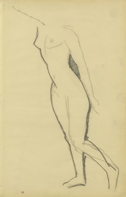 <span class="artist"><strong>Amedeo Modigliani</strong></span>, <span class="title"><em>Female Nude, Three-Quarter View to Left, Right Arm Raised</em>, 1908</span>