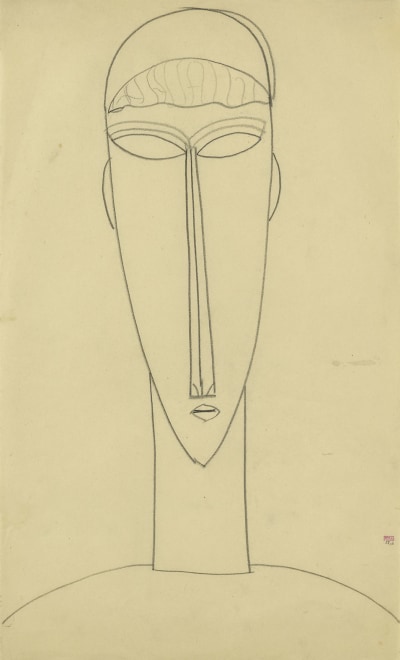 <span class="artist"><strong>Amedeo Modigliani</strong></span>, <span class="title"><em>Head & Shoulder, Full-Face, Fringe</em>, c.1911-12</span>