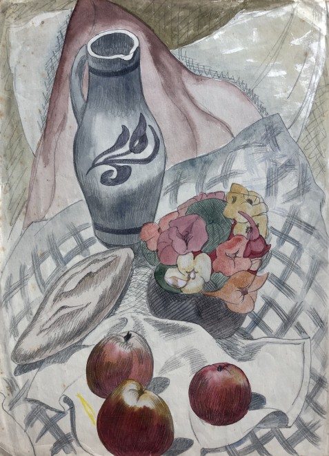 Doris Hatt, Still Life with Decorated Jug, Apples and Flowers, c. 1950