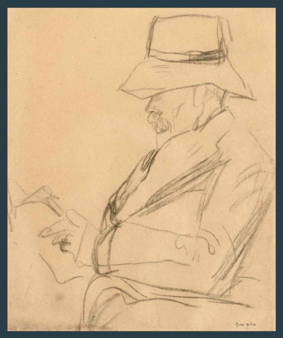 Gwen John, Portrait of Arthur Symons in a hat, reading, c. 1920