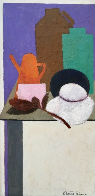 Clarisse Loxton Peacock, A white hat, coffee pot and jars on a table