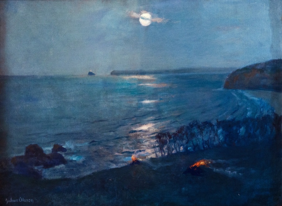 Julius Olsson, Moonlight - Looking Towards Godrevy Lighthouse, St. Ives, c. 1895