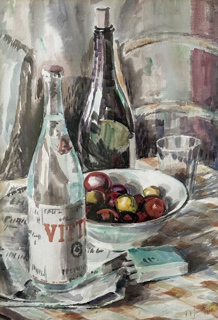 Percy Hague Jowett, Still Life with Fruit and Bottles, 1931