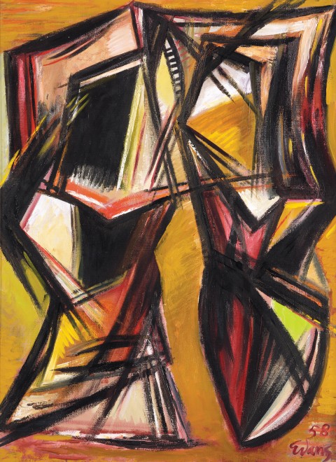 <span class="artist"><strong>Merlyn Evans</strong></span>, <span class="title"><em>Lineal Abstract in Red, Blue and Ochre</em>, 1958</span>