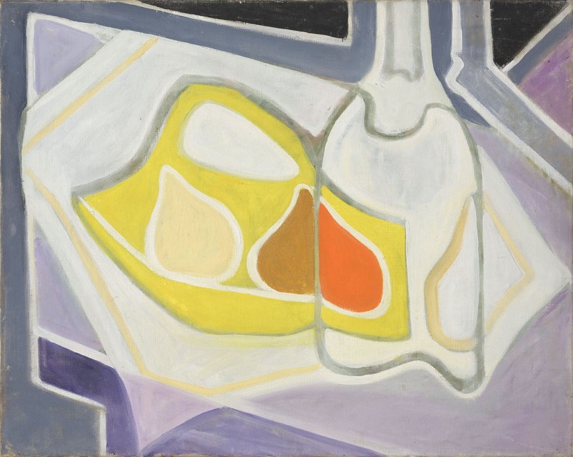 <span class="artist"><strong>Margaret Mellis</strong></span>, <span class="title"><em>Yellow Basket with Bottle</em>, 1952</span>