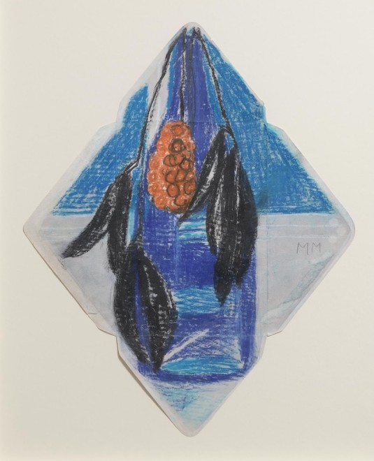 <span class="artist"><strong>Margaret Mellis</strong></span>, <span class="title"><em>Black Leaves in Blue Bottle</em>, c. 1990</span>