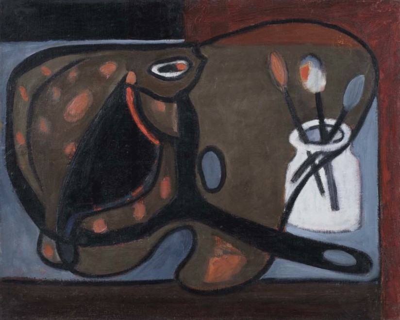 <span class="artist"><strong>Magaret Mellis</strong></span>, <span class="title"><em>Fish, Pan and Palette</em>, 1952</span>