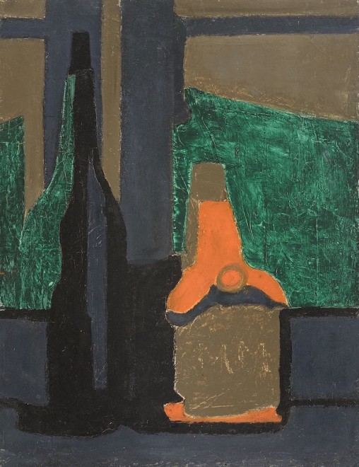 <span class="artist"><strong>Magaret Mellis</strong></span>, <span class="title"><em>Green and Orange Bottles</em>, c. 1952</span>