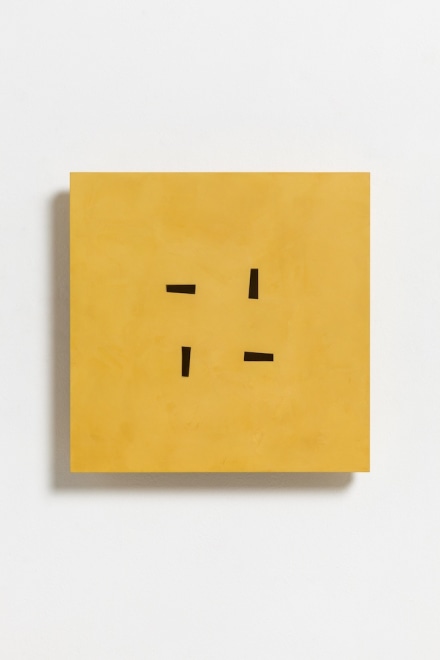 <span class="artist"><strong>John Carter RA</strong></span>, <span class="title"><em>Untitled Theme: Pierced Square, Yellow </em>, 1988-90</span>