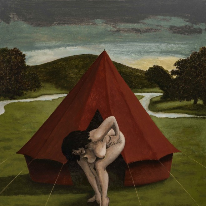 <span class="artist"><strong>David Inshaw</strong></span>, <span class="title"><em>Marcia and Tent</em>, 2007-20</span>