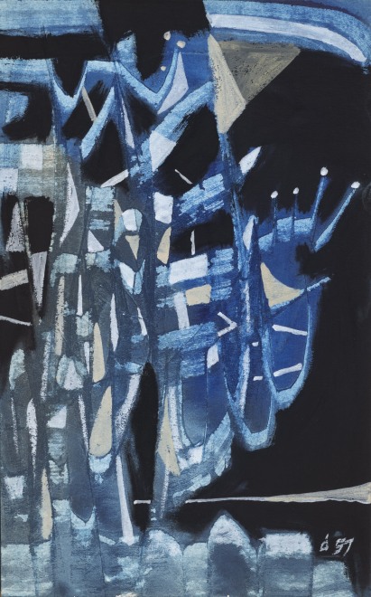 <span class="artist"><strong>Roy Turner Durrant</strong></span>, <span class="title"><em>Composition with Blue and Black</em>, 1957</span>