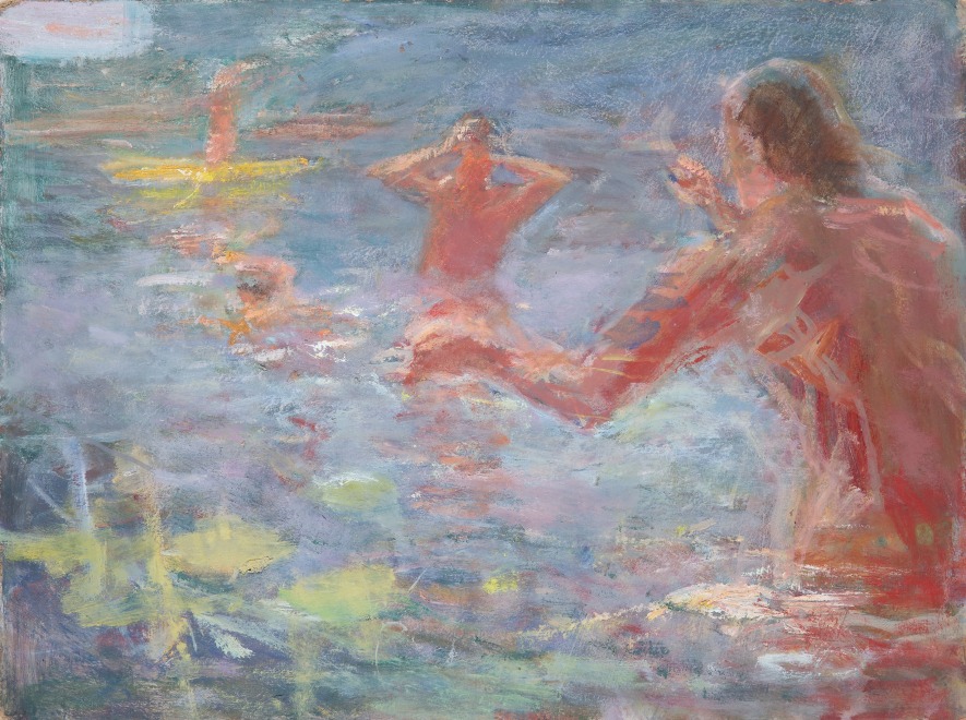 <span class="artist"><strong>Susannah Fiennes</strong></span>, <span class="title"><em>Bathers with Yellow Kayak</em>, 2020</span>