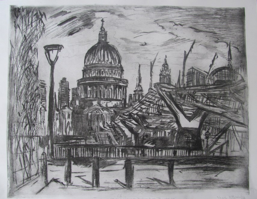 Neil Pittaway RWS RE, St Paul's and the Millenium Bridge from Bankside