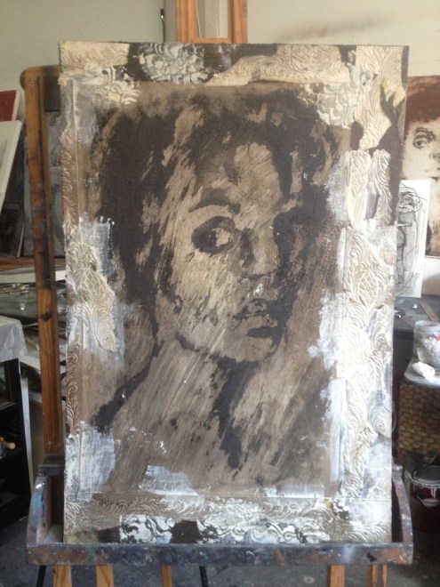 Plate painted with carborundum grits & textured pastes