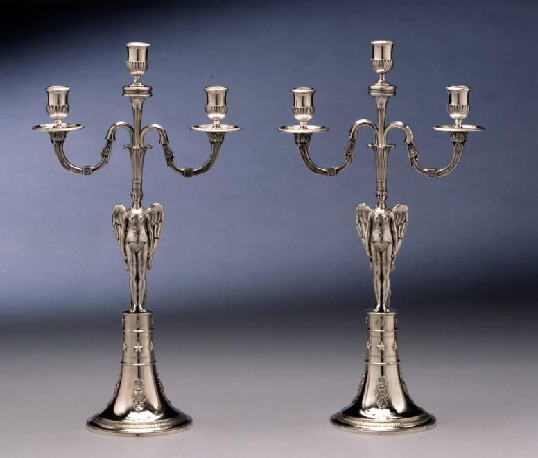 A pair of Empire three light candelabra by Abel-Etienne Giroux