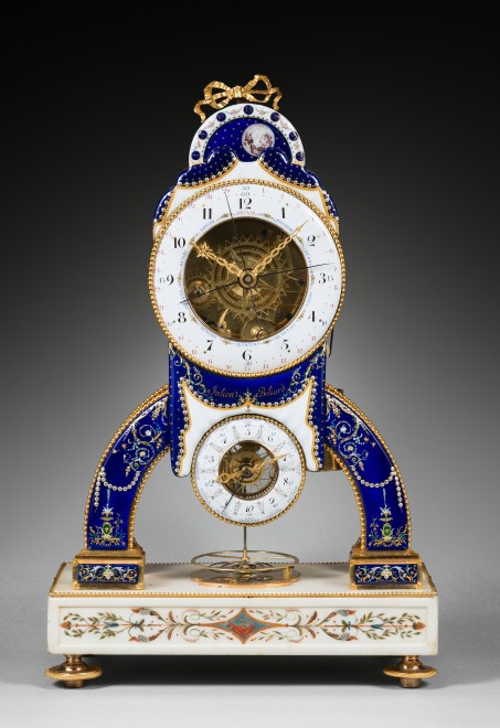A late 18 th Century striking skeleton clock with Revolutionary time and remontoire by Julien Beliard, the enamels by Joseph Coteau