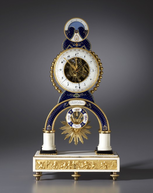 A Directoire skeleton clock, by Laurent Ridel, enamel work by Joseph Coteau