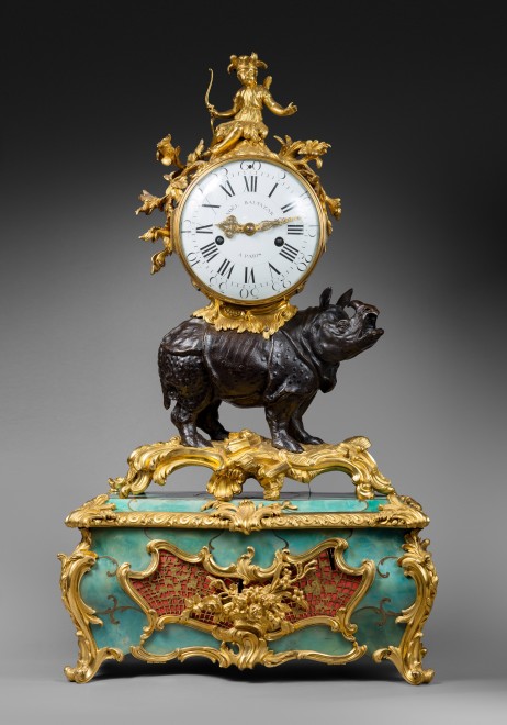 A Louis XV 'Pendule au Rhinoceros'  by Noel Baltazar, the musical movement by Viger, case by Jean-Joseph de Saint-Germain